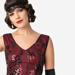 Unique Vintage Black and Red Sequin and Beaded Flapper Dress Size M